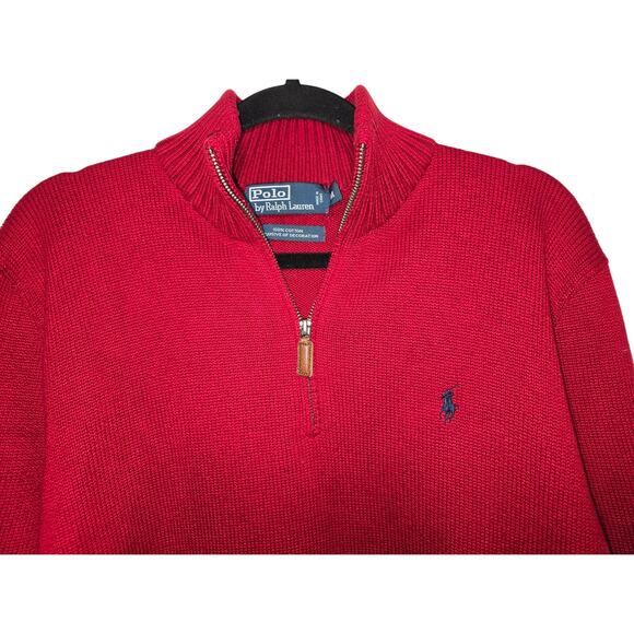POLO RALPH LAUREN 1/4 ZIP MOCK PULLOVER RED MENS M PREPPY CASUAL LEATHER ACCENT - Picture 2 of 8